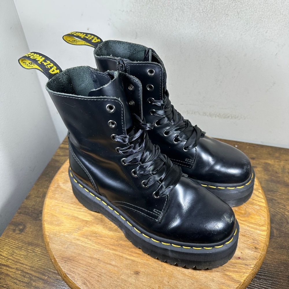 Dr. Martens Jadon Black Polished Leather Platform Boots Women 8 Zip Up Combat